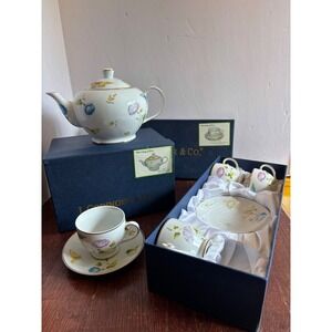 I. Godinger & Co Morning Glory Tea Set Teapot 4 Cups 4 Saucers Butterfly Floral
